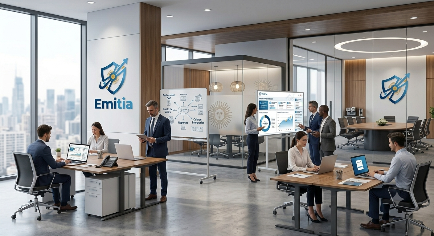 Equipo EMITIA en oficina corporativa — gestión empresarial